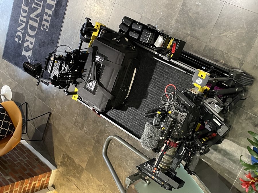 Overhead view of the camera cart with two rigged cameras in the lobby of The Foundry building in Washington, DC