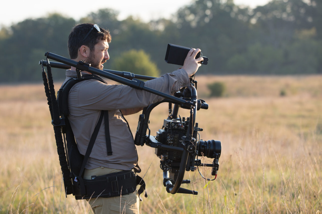 Umit Gulsen, Director of Photography, operating a gimbal camera rig on location