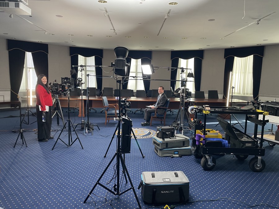 Two-camera Wall Street Journal interview setup lit by Umit Gulsen at Federal Trade Commission headquarters in Washington, DC