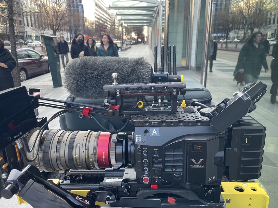 Panasonic Varicam LT with an Angenieux zoom set up on a downtown Washington, DC sidewalk